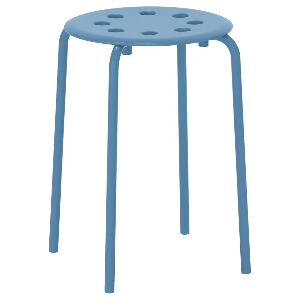 A blue MARIUS stool with a round seat and four legs, ideal for various rooms. Made of steel and plastic, its stackable for easy storage.