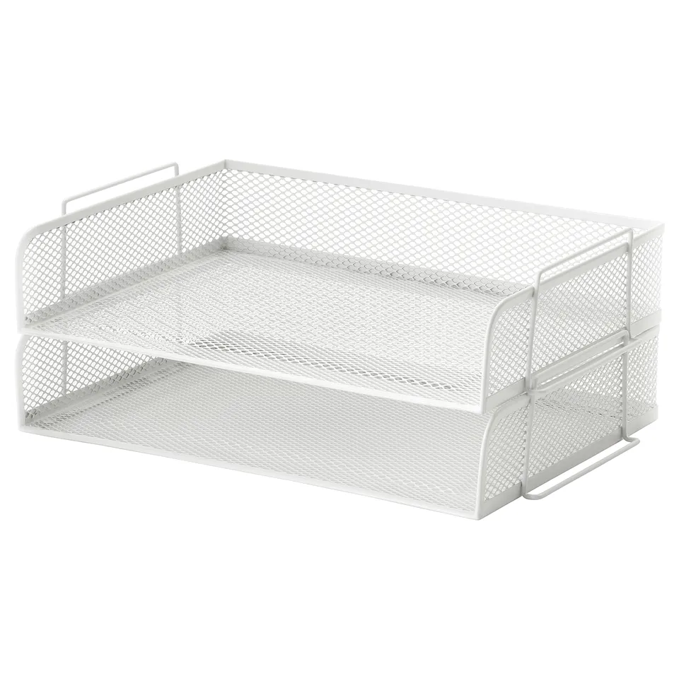 A white mesh metal letter tray, DRÖNJÖNS, with two compartments. It has a rectangular shape and protective feet to prevent scratching surfaces.