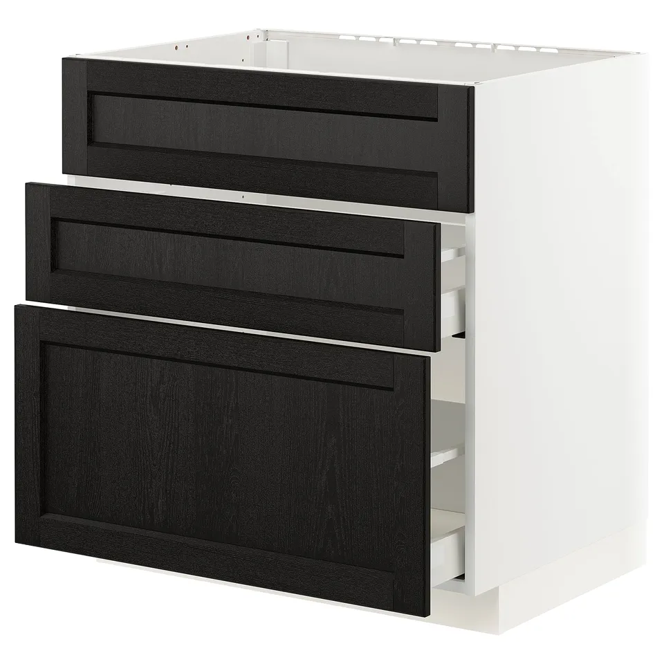 METOD kitchen unit, black stained wood drawers, white base.