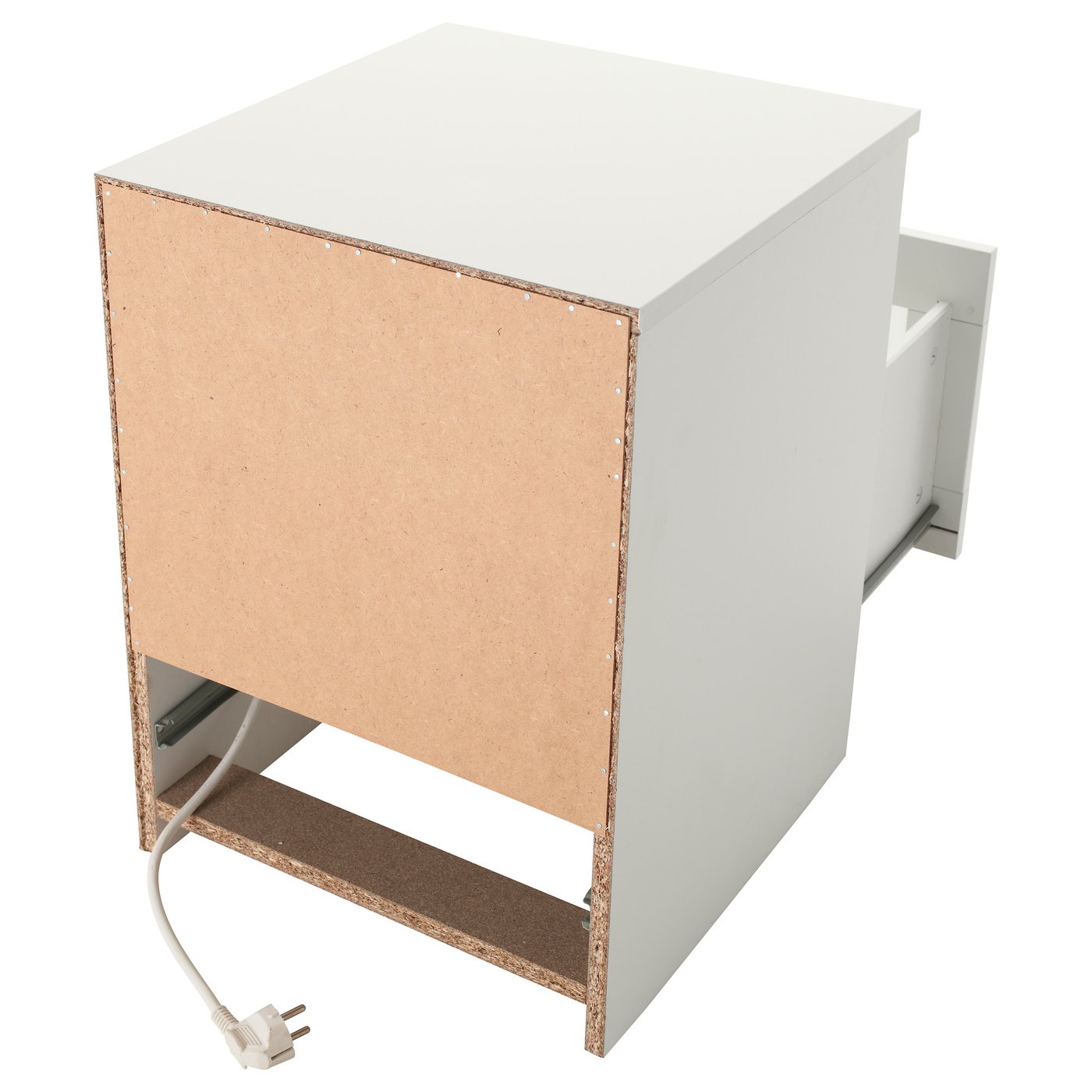 White wooden cabinet with open drawer, cable hole, and unplugged plug.