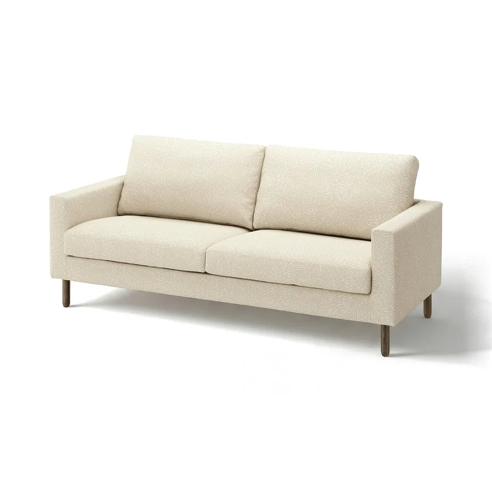SALTSJÖBADEN beige couch with floral fabric, wooden legs, plush cushions, 3-seat, modern design.