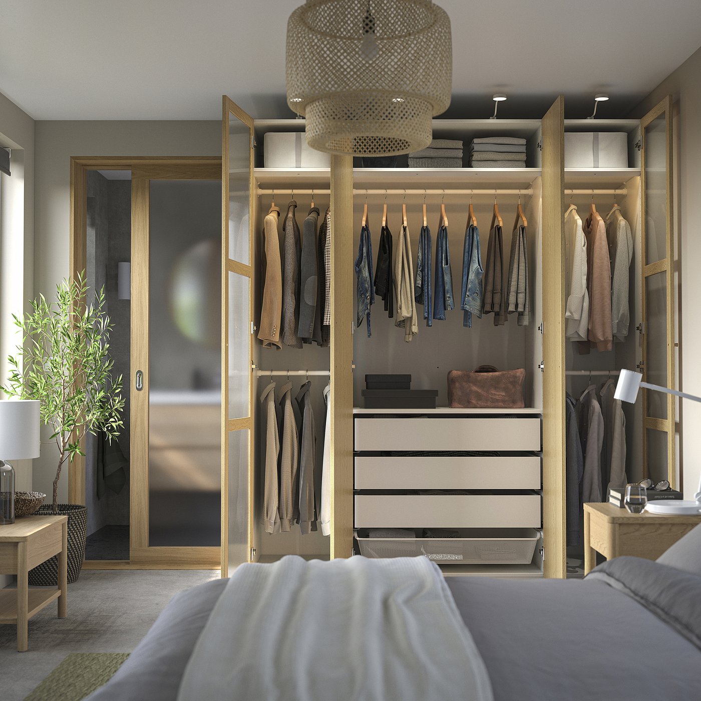 Modern wooden closet with glass doors, lighting, and bed with gray/white linens.