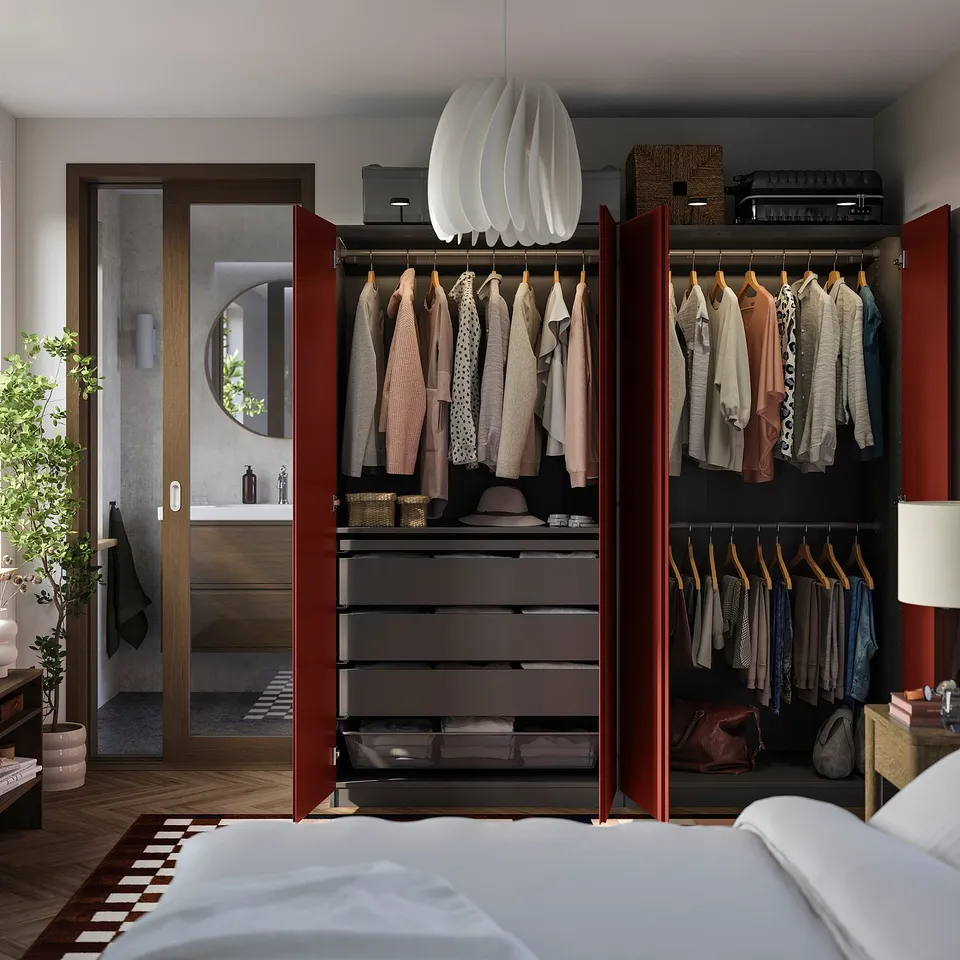 PAX / VIKANES Wardrobe combination, dark grey/red-brown, 200x60x201 cm