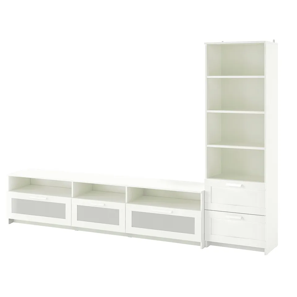 IKEA BRIMNES: white tv unit and bookcase combo with adjustable shelves and smooth drawers for organising media and accessories.
