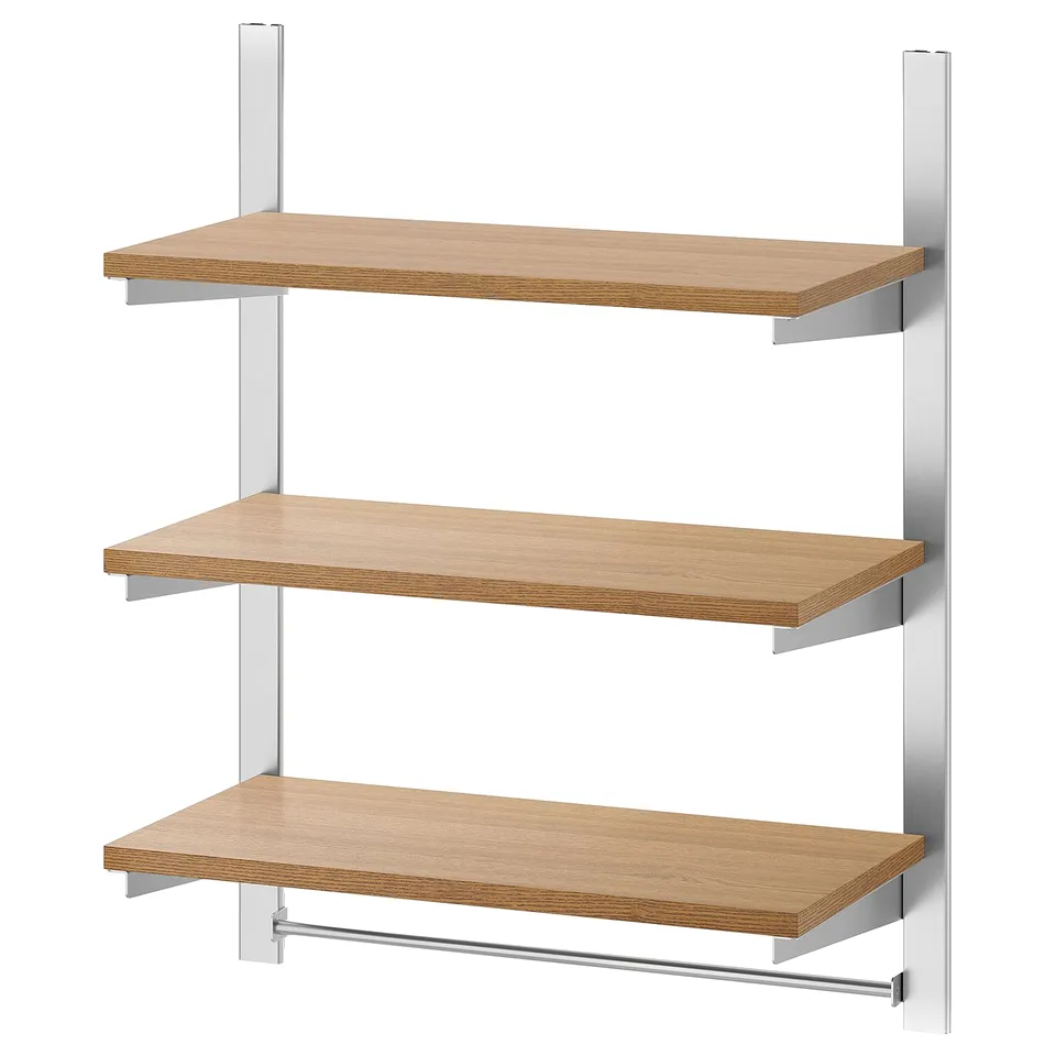 KUNGSFORS wall shelf set, 3 shelves, stainless steel and wood.