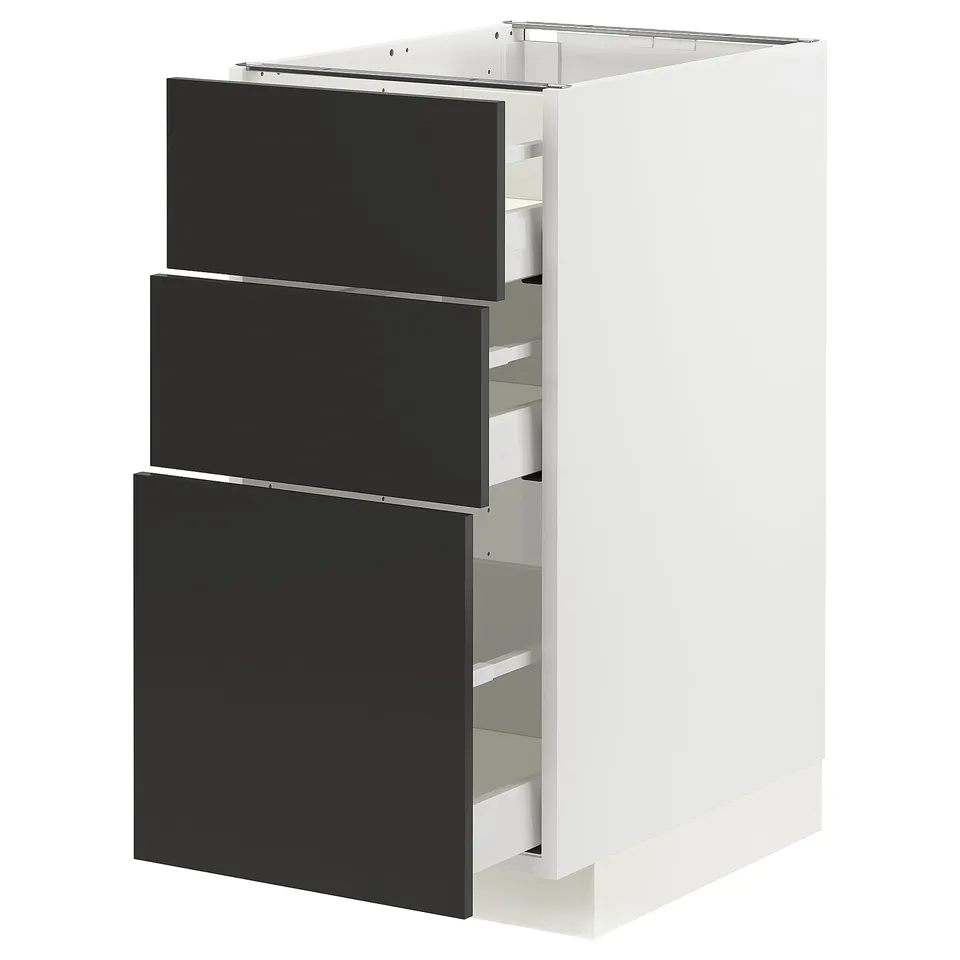 METOD kitchen cabinet in white with 3 black drawers, modern design.
