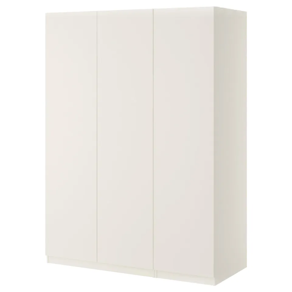 Depicts a white PAX wardrobe with a rectangular shape and flat doors.