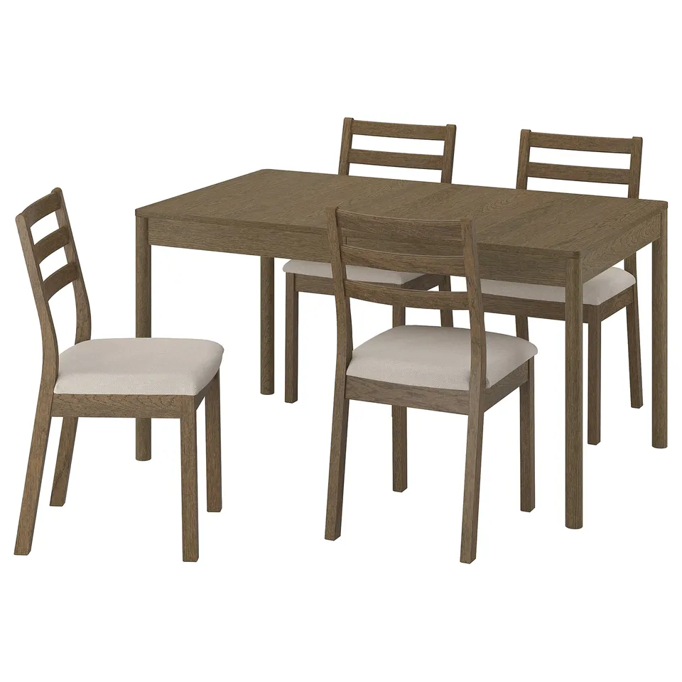 Dining set with square table, four chairs, light brown wood & beige cushions.