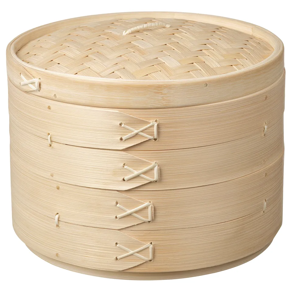 Bamboo double-tier KLOCKREN steamer, natural, cylindrical with woven lid, ideal for healthy cooking.