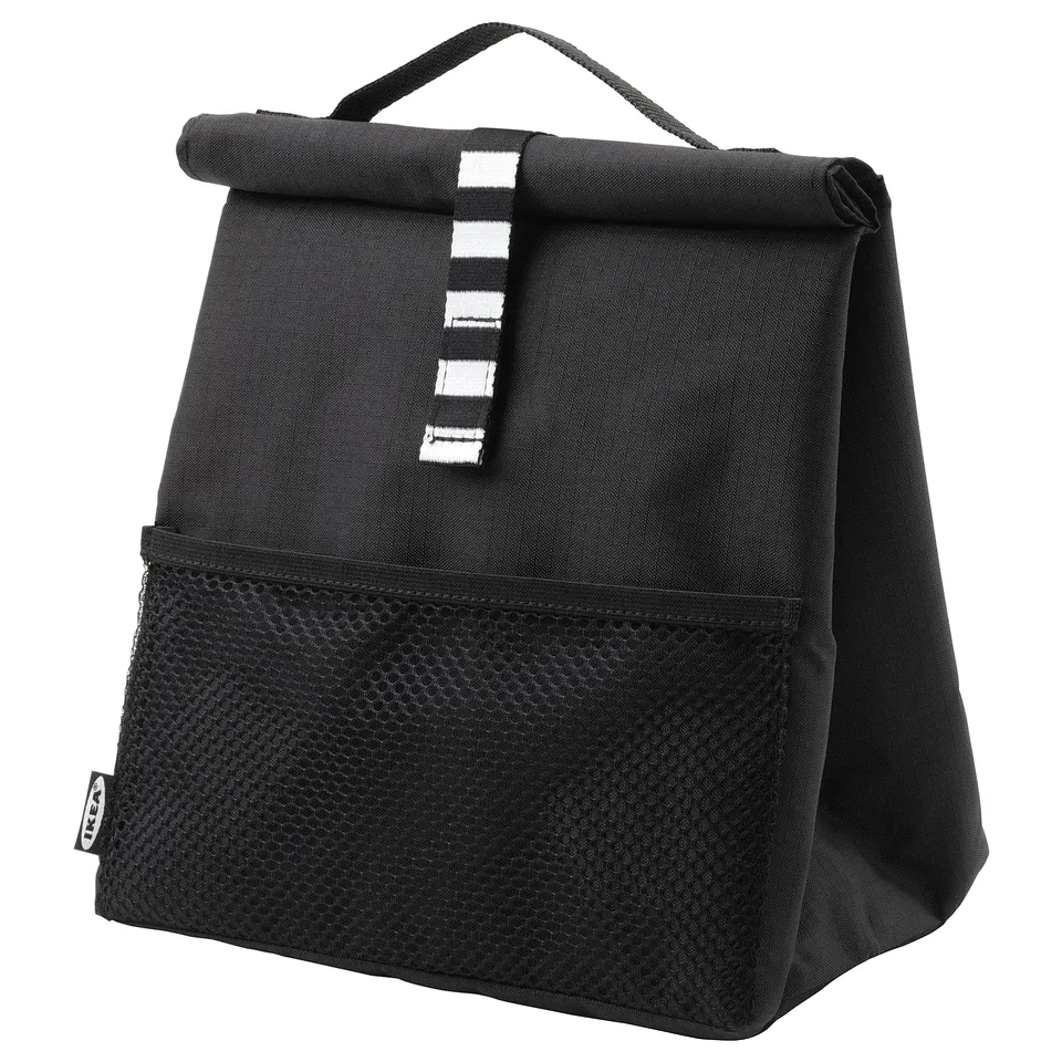Black ikea FRAMTUNG lunch bag, rectangular with mesh pocket, insulated.