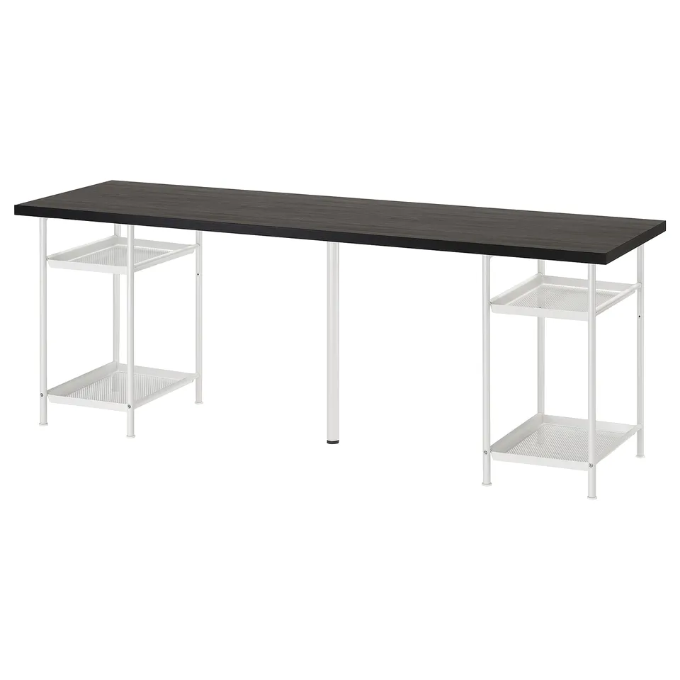 LAGKAPTEN desk: long dark tabletop, white metal legs, 2 adjustable shelves, modern office design.