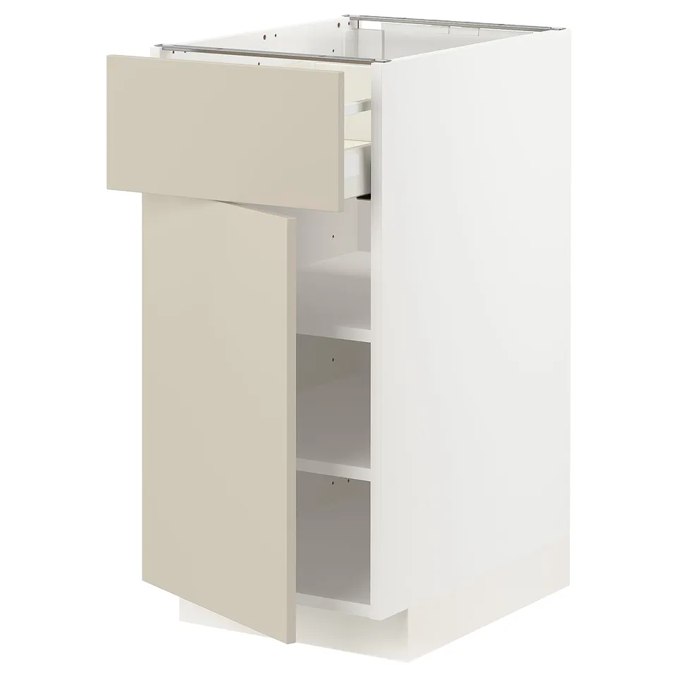 Modern beige kitchen cabinet from ikea METOD series, rectangular with adjustable shelves, sleek minimalist design.