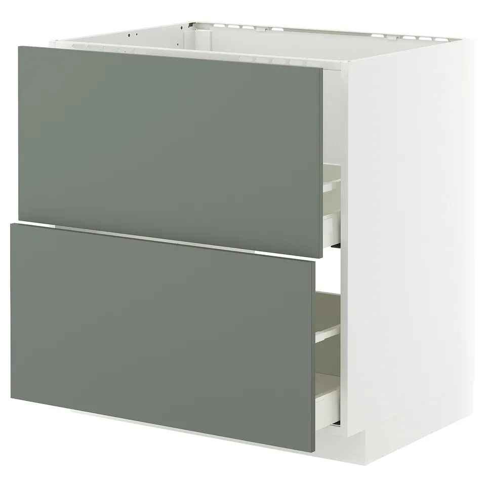 An ikea METOD kitchen cabinet with grey-green nickebo fronts, featuring two drawers.