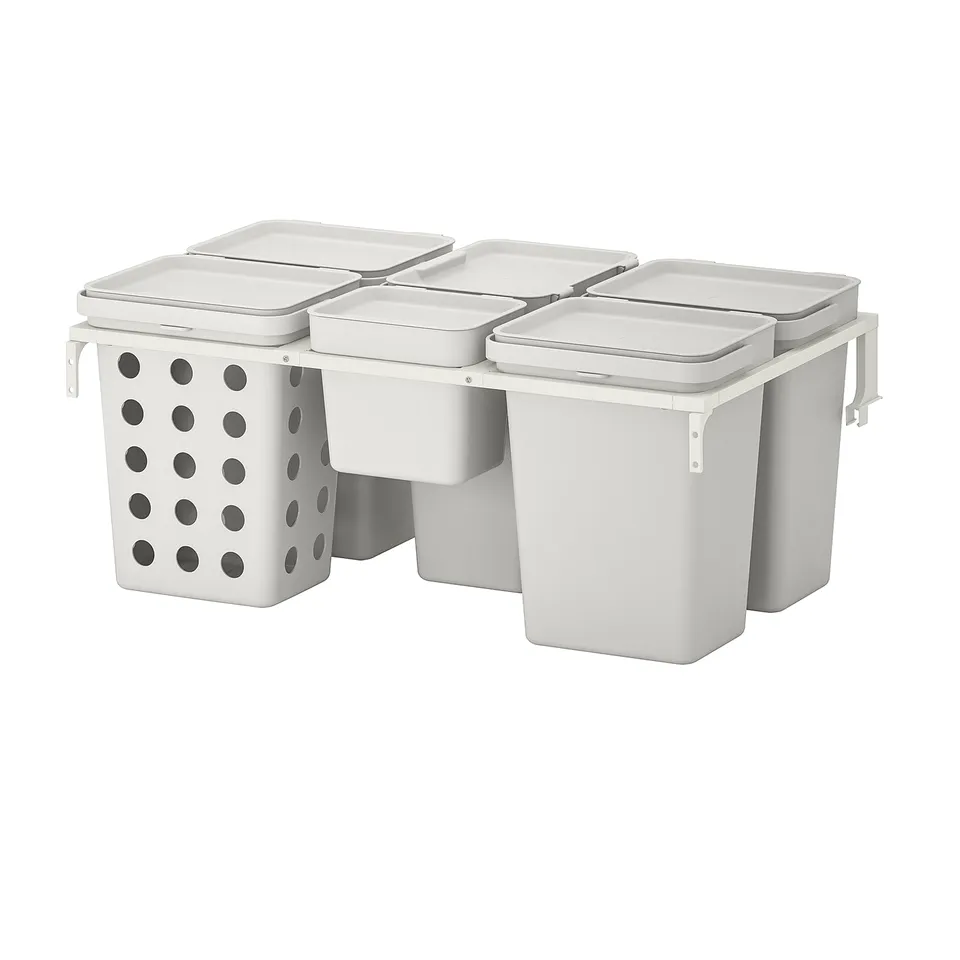 HÅLLBAR waste sorting system: six bins with lids and ventilation for kitchen waste management.