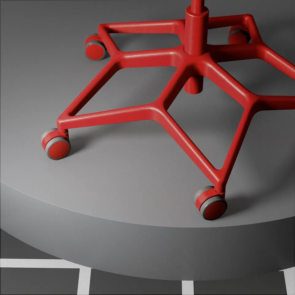 Red gaming chair base; five wheels, rounded ends, bold red and grey.