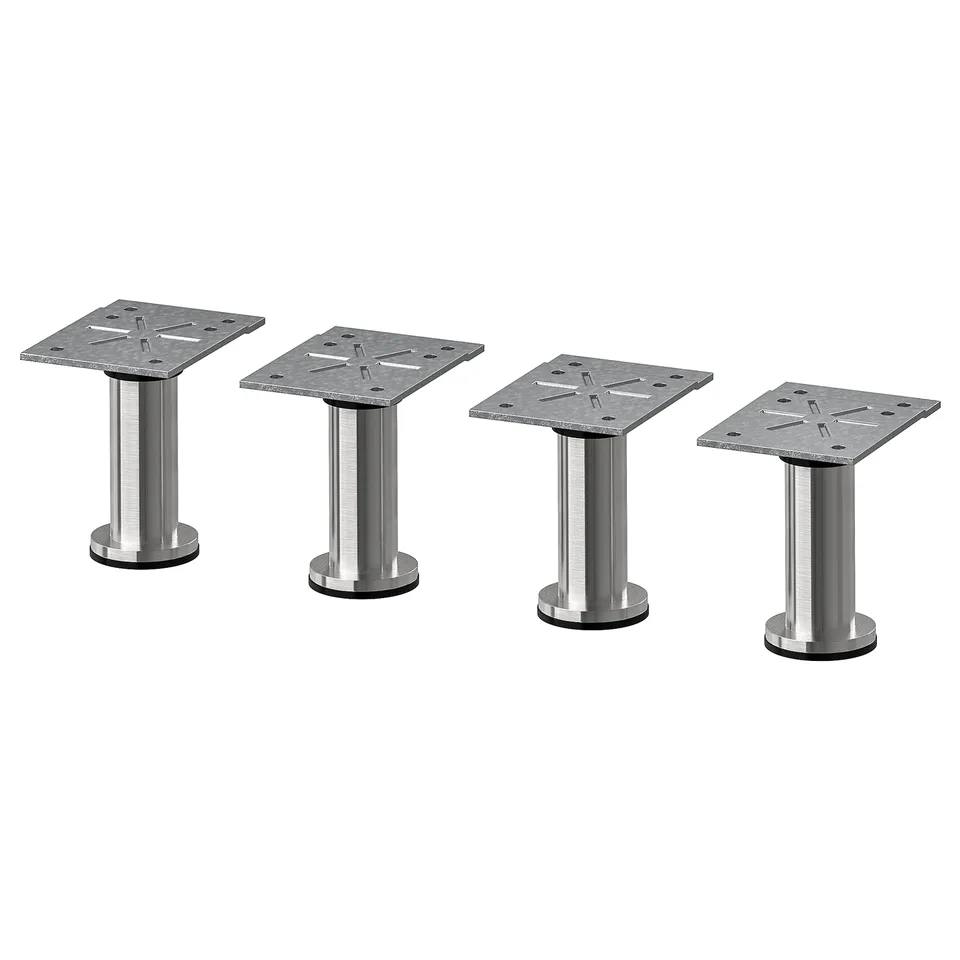 Four metallic table legs, grey stainless steel, cylindrical with adjustable height, attached to rectangular galvanised steel plates with screws.