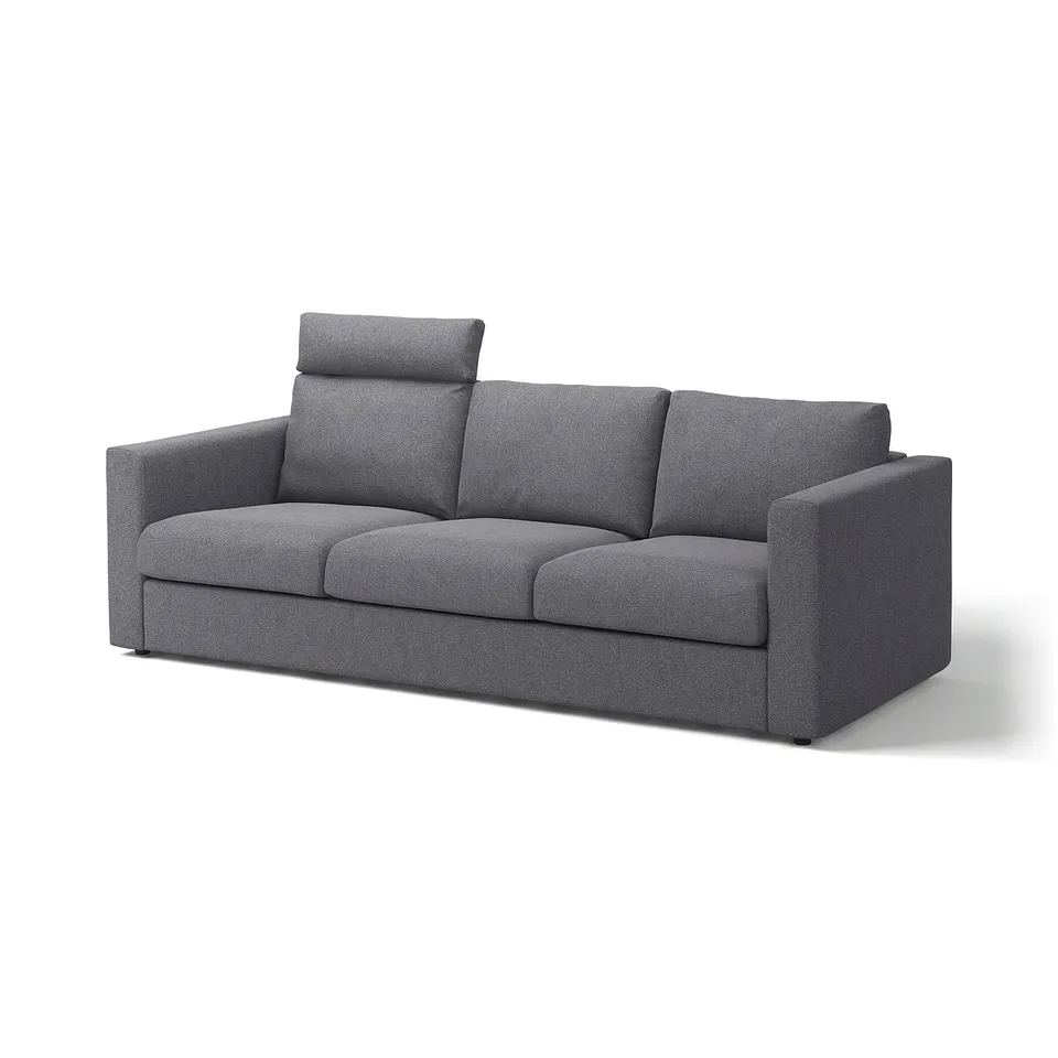 Modern grey sofa, VIMLE, sleek design with headrest, rectangular shape, upholstered in gunnared fabric.