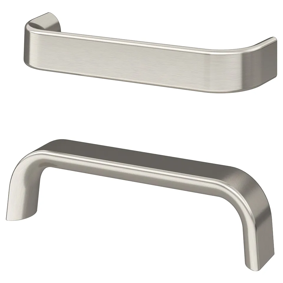 Modern stainless steel KALERUM handles, sleek and angular, perfect for kitchen cabinets.