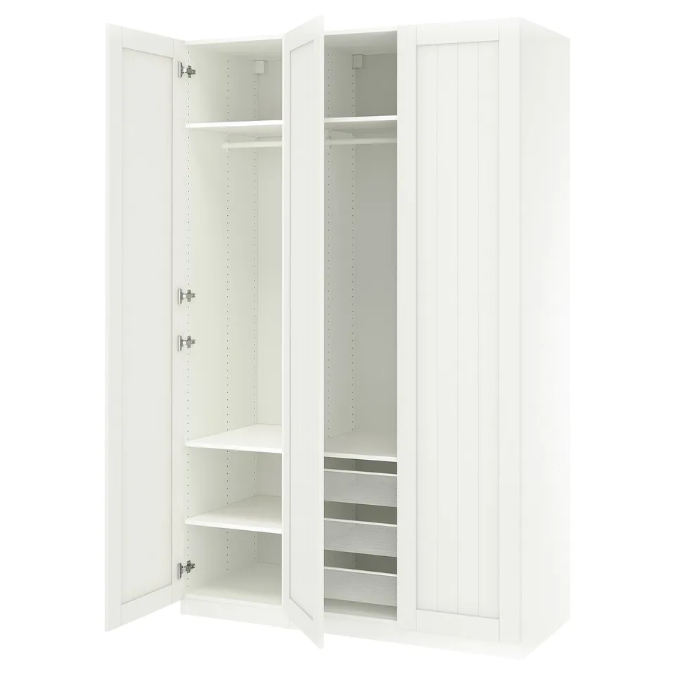 White PAX wardrobe, open doors revealing shelves and mesh basket, modern minimal design.