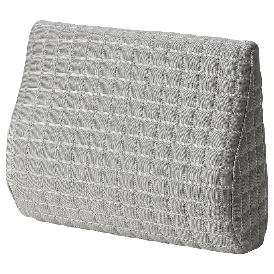 BORTBERG grey lumbar cushion with grid pattern, triangular shape, memory foam, cooler gel layer for back support on chairs.