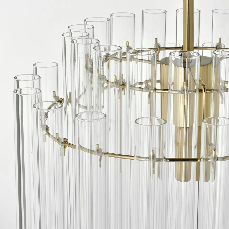 Chandelier with 36 glass cylinders; gold hooks. Displays elegance, quality.