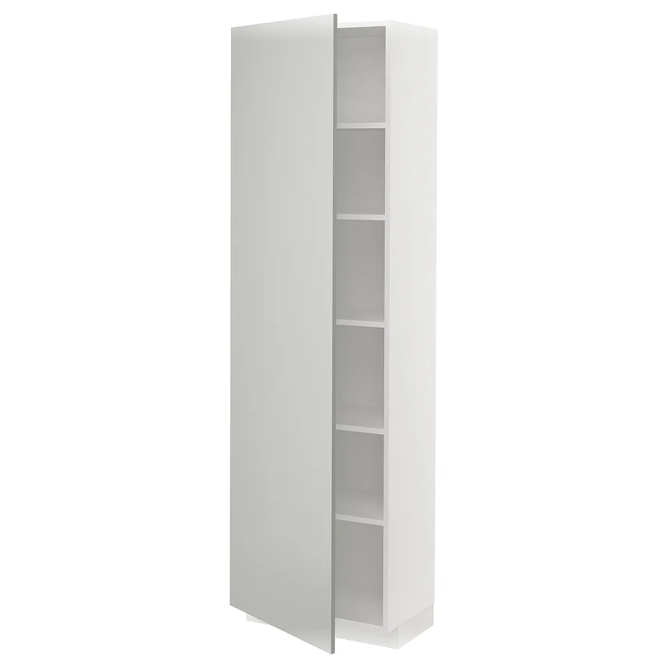 A white METOD kitchen cabinet, sleek and modern, with multiple shelves. Its tall, rectangular, and a light grey door.