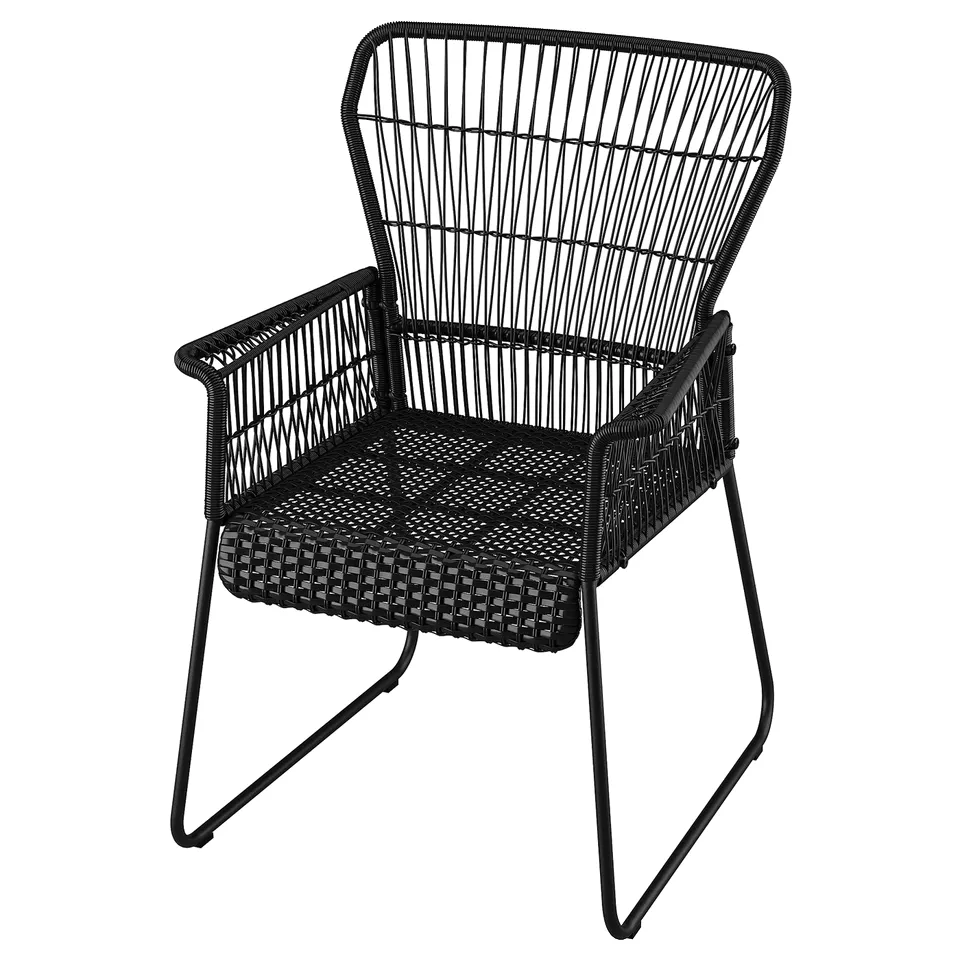 Black TALLSKÄR chair, wicker design, outdoor, comfortable, powder-coated steel frame.