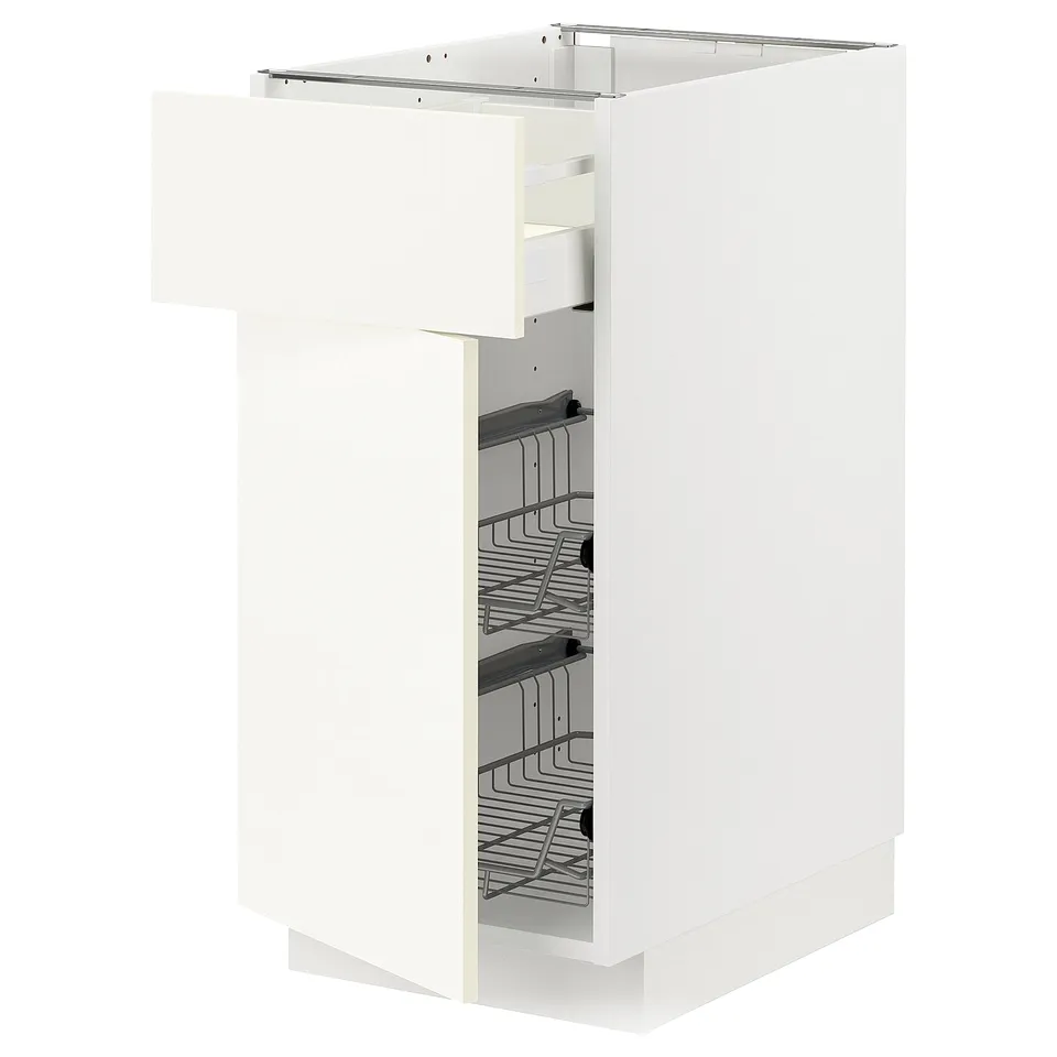 White METOD kitchen cabinet with wire racks, rectangular shape, sleek design.