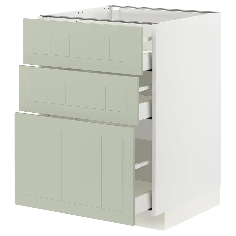 A light green METOD kitchen cabinet unit with three drawers and a door, featuring a smooth design and modern craft look.