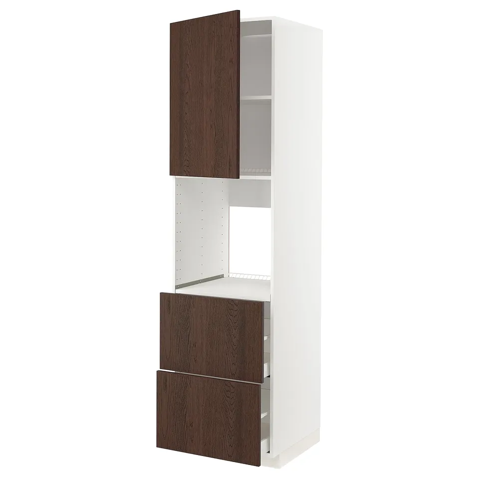 White & brown METOD kitchen unit with drawers & shelf, oak veneer finish.