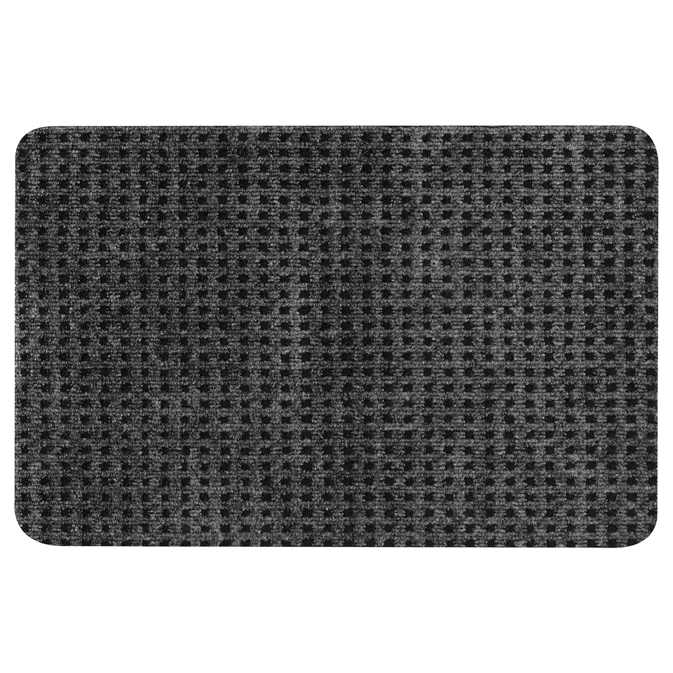 Grey FRIKTION door mat, rectangular with rounded corners, durable recycled polyester surface in a check pattern, captures dirt effectively.