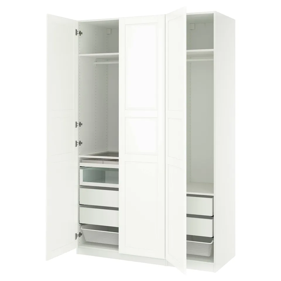White PAX wardrobe with drawers, shelves, and mesh basket, closed doors.