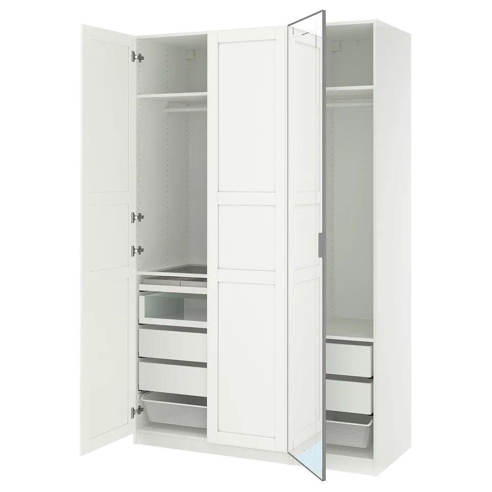 A white PAX wardrobe with mirrored doors and drawers, featuring organisers inside.