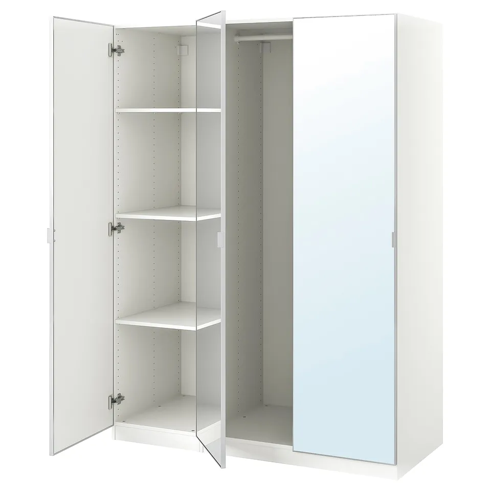 White ikea PAX wardrobe with mirrored doors and glass shelves.