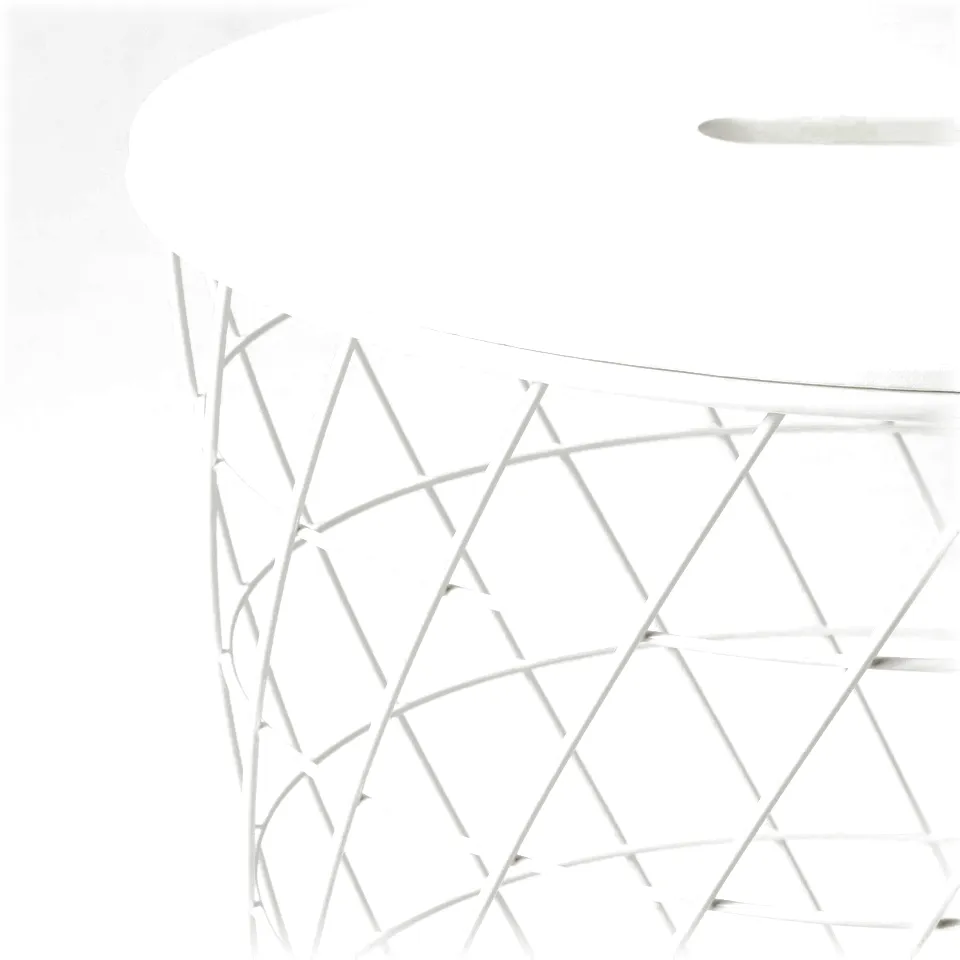 A modern white storage table with a wire basket base and a circular top, designed for practical use and easy movement.