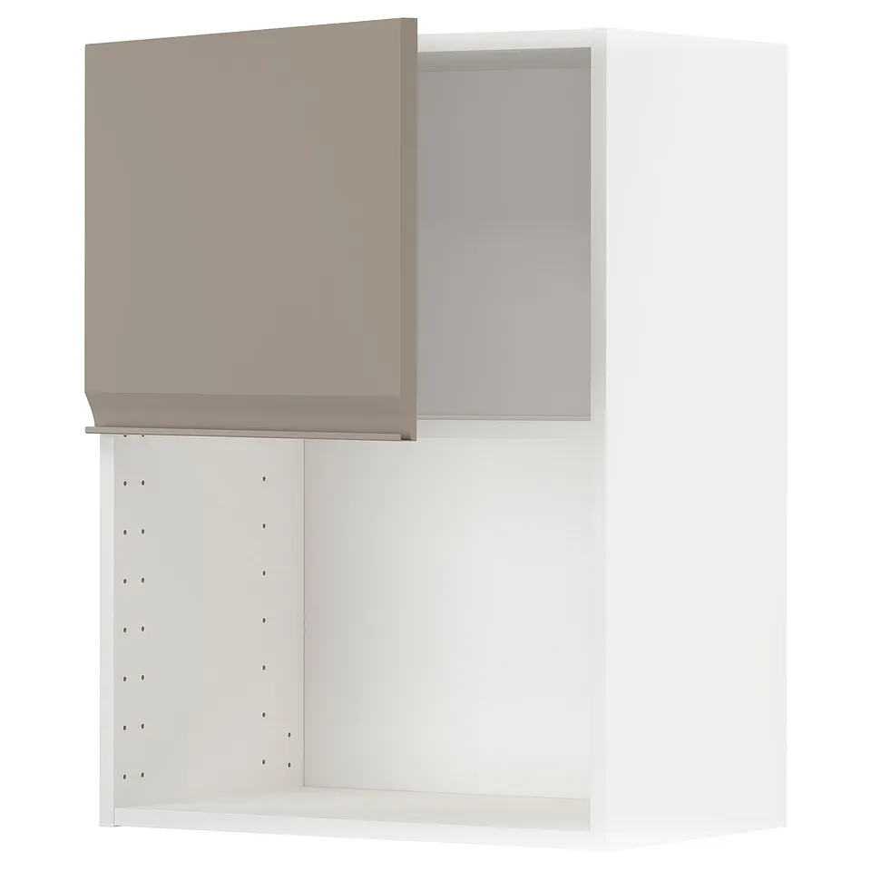 Kitchen cabinet set: white frame, beige door, square shape, modern design.