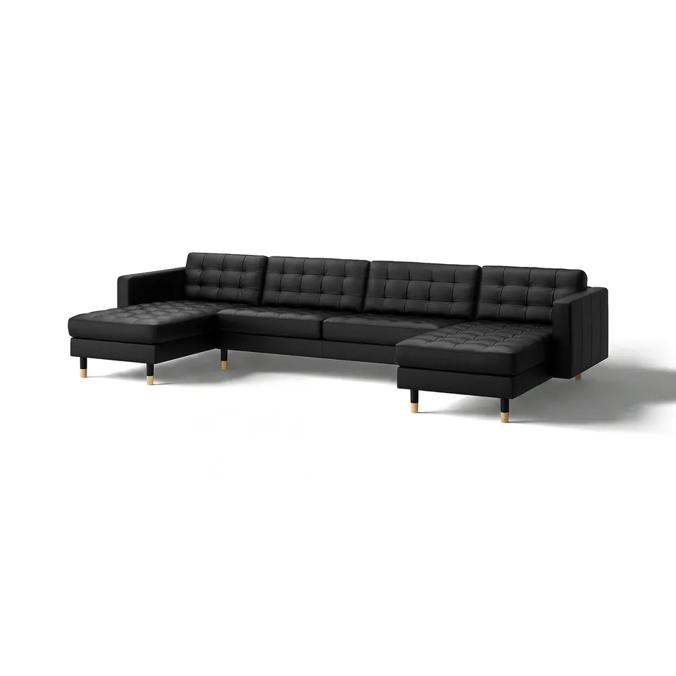 Black l-shaped sectional sofa, modern design, tufted leather, wooden legs.