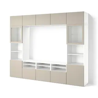 BESTÅ TV storage combination/glass doors, white Sindvik/Lappviken light grey/beige, Width 300 x Depth 42 x Height 231 cm