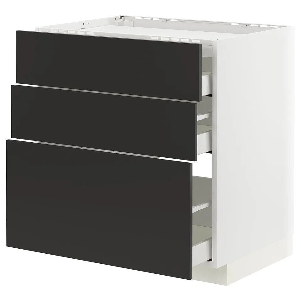 Modern kitchen cabinet, white with 3 dark grey drawers, sleek design, sturdy and organised.