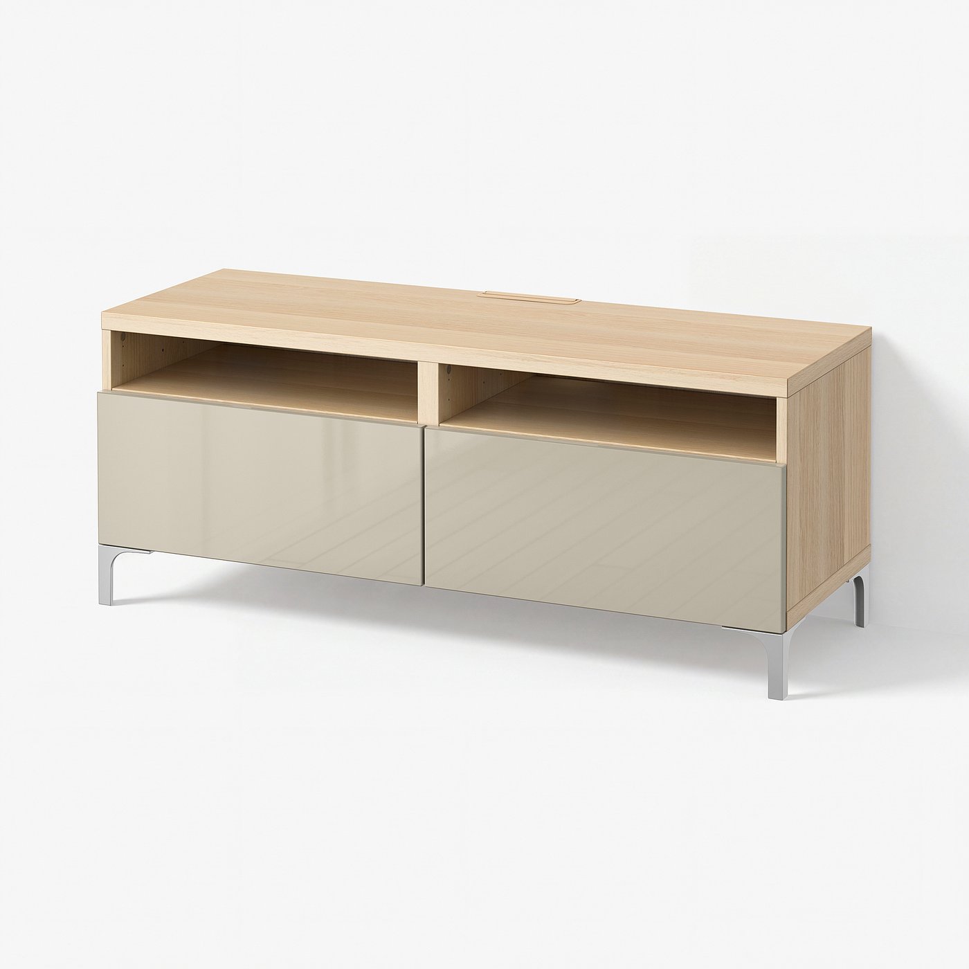 BESTÅ TV bench with drawers, white stained oak effect/Selsviken/Nannarp high-gloss/beige, 120x42x48 cm
