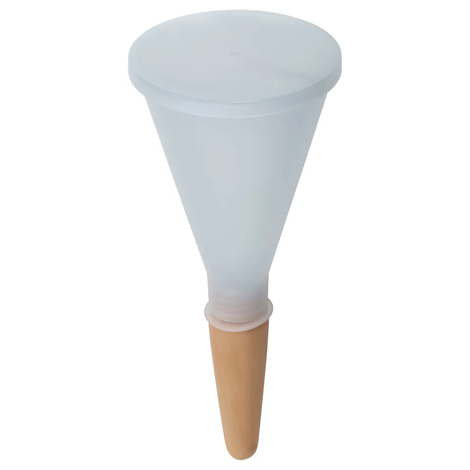 A SVÄMSKOG self-watering plant insert, light blue with a light brown terracotta tip, conical shape, designed to fit in pots, with a lid.