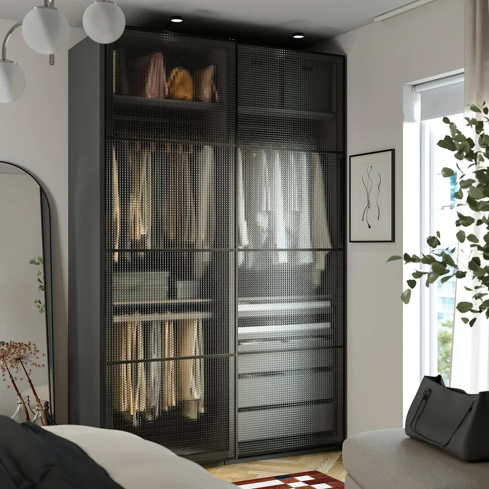 PAX / LUNDBRÄSMA Wardrobe with sliding doors, dark grey black/checkered glass, 150x66x236 cm
