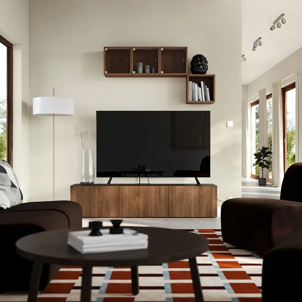 BESTÅ TV bench with doors, black-brown Lappviken/brown walnut effect, 180x42x38 cm