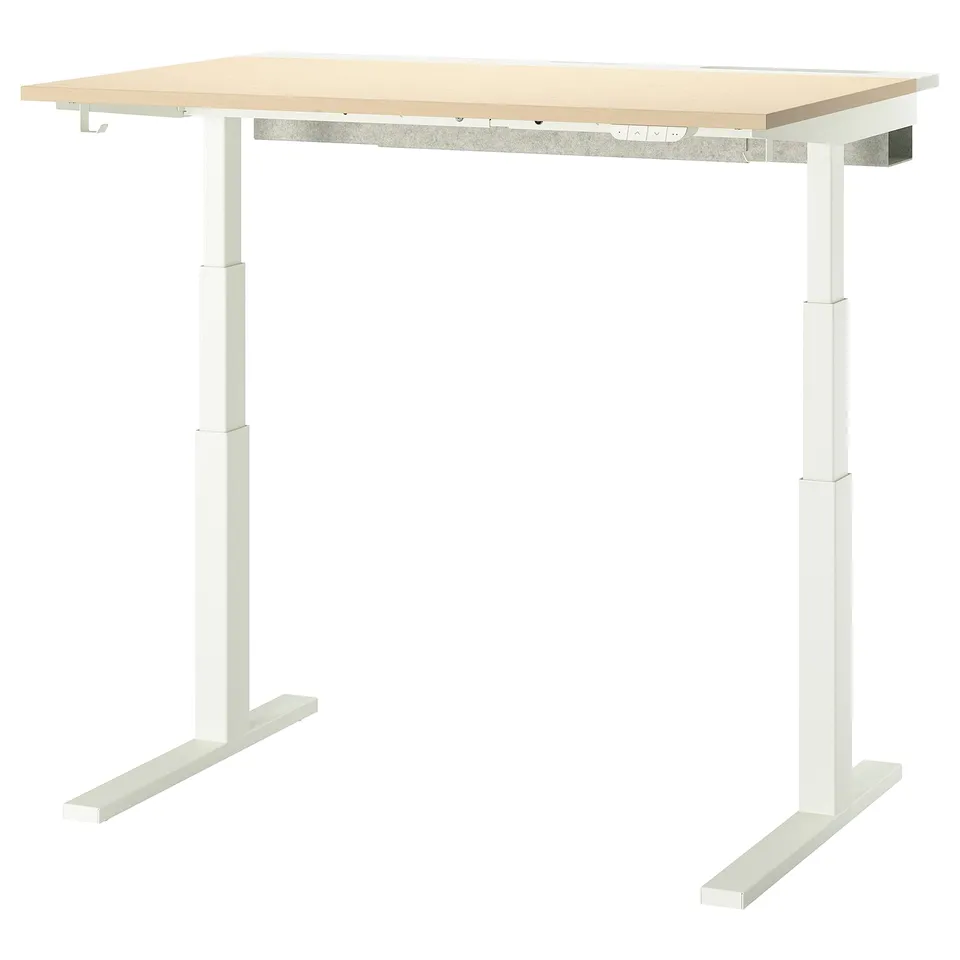 MITTZON sit-stand desk with light wood top, dual motors, cable tray, and hooks. Ergonomic.