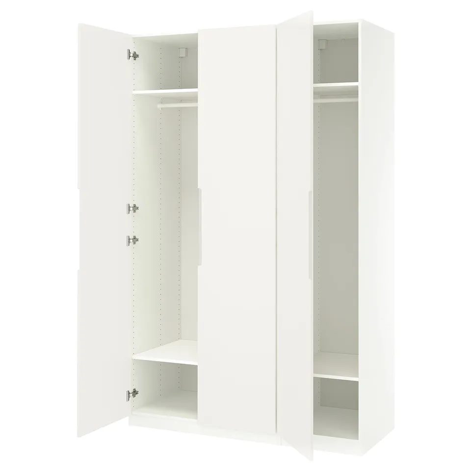 Displays an open white PAX wardrobe with a minimalist design, featuring multiple shelves and a hanging rod, and durable particleboard construction.