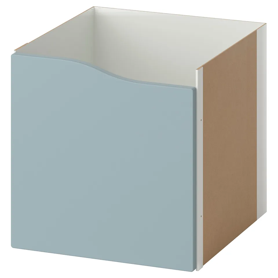 KALLAX cube in light blue with white door. Square shape, made of fibreboard and acrylic paint. Useful for storage and organisation.