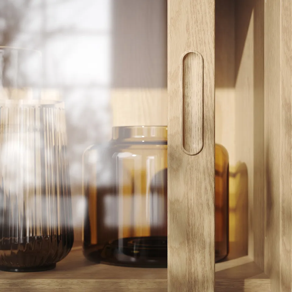 Wooden cabinet with smooth veneer finish; glass jars on wooden shelf.