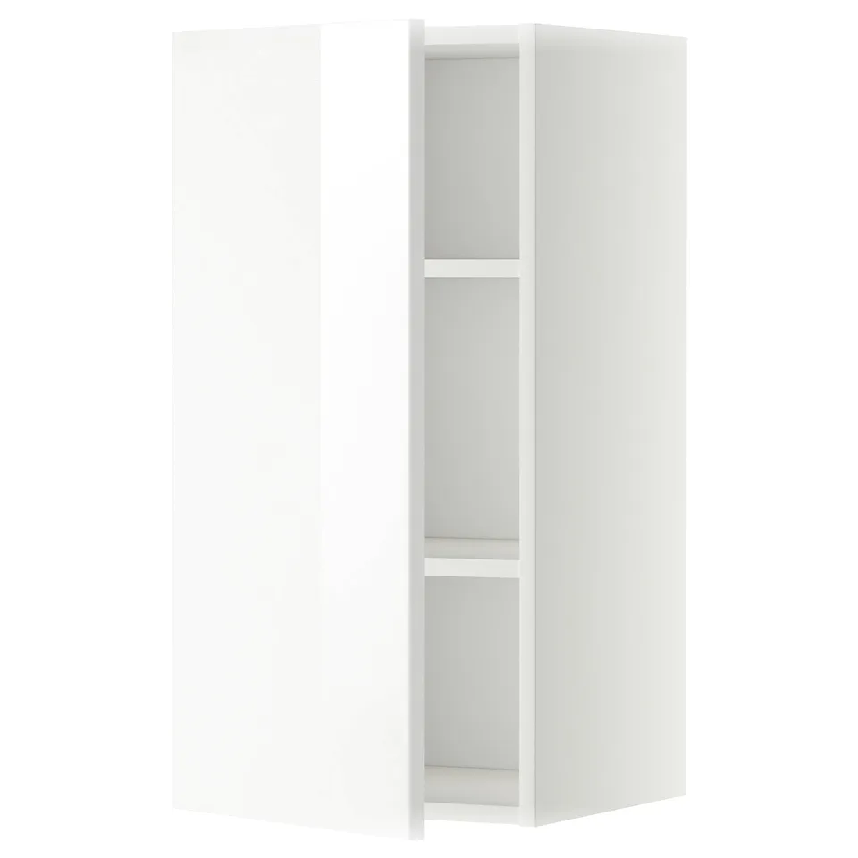 This image depicts a white METOD kitchen cabinet from ikea with high gloss doors and adjustable shelves.