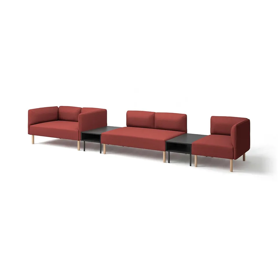 Modern red modular sofa set with three connected sections and a side table, perfect for living rooms.