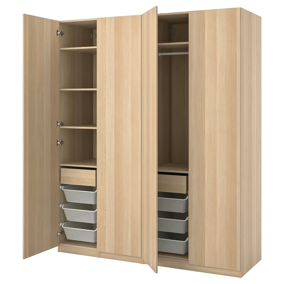 Light wood, PAX closet, 3 sections: left shelves, middle empty, right drawers.